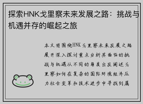 探索HNK戈里察未来发展之路：挑战与机遇并存的崛起之旅