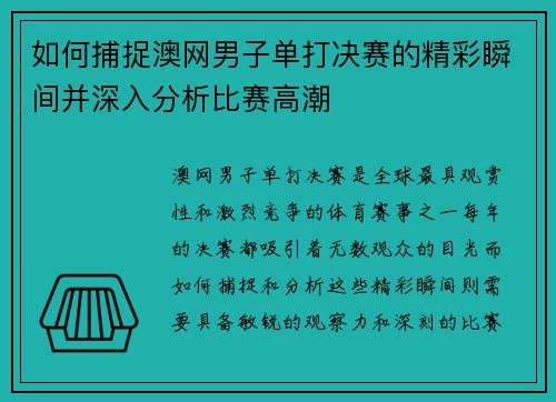 如何捕捉澳网男子单打决赛的精彩瞬间并深入分析比赛高潮