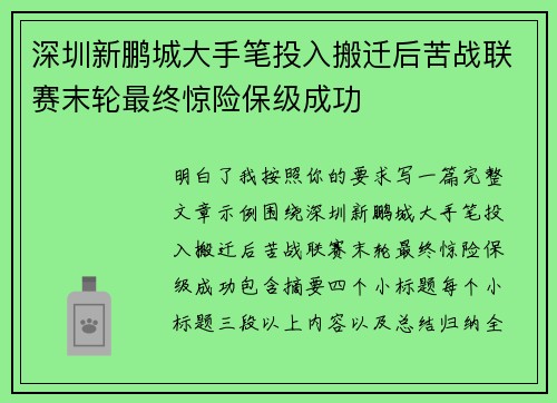 深圳新鹏城大手笔投入搬迁后苦战联赛末轮最终惊险保级成功