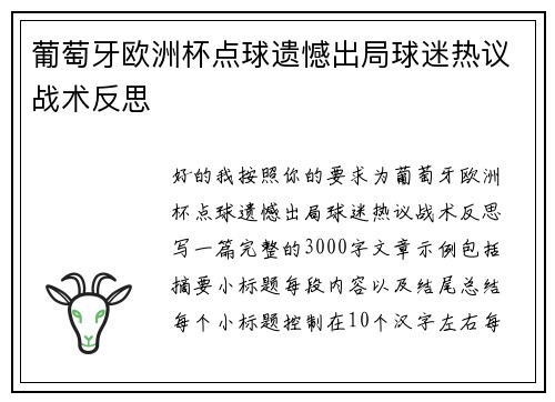 葡萄牙欧洲杯点球遗憾出局球迷热议战术反思